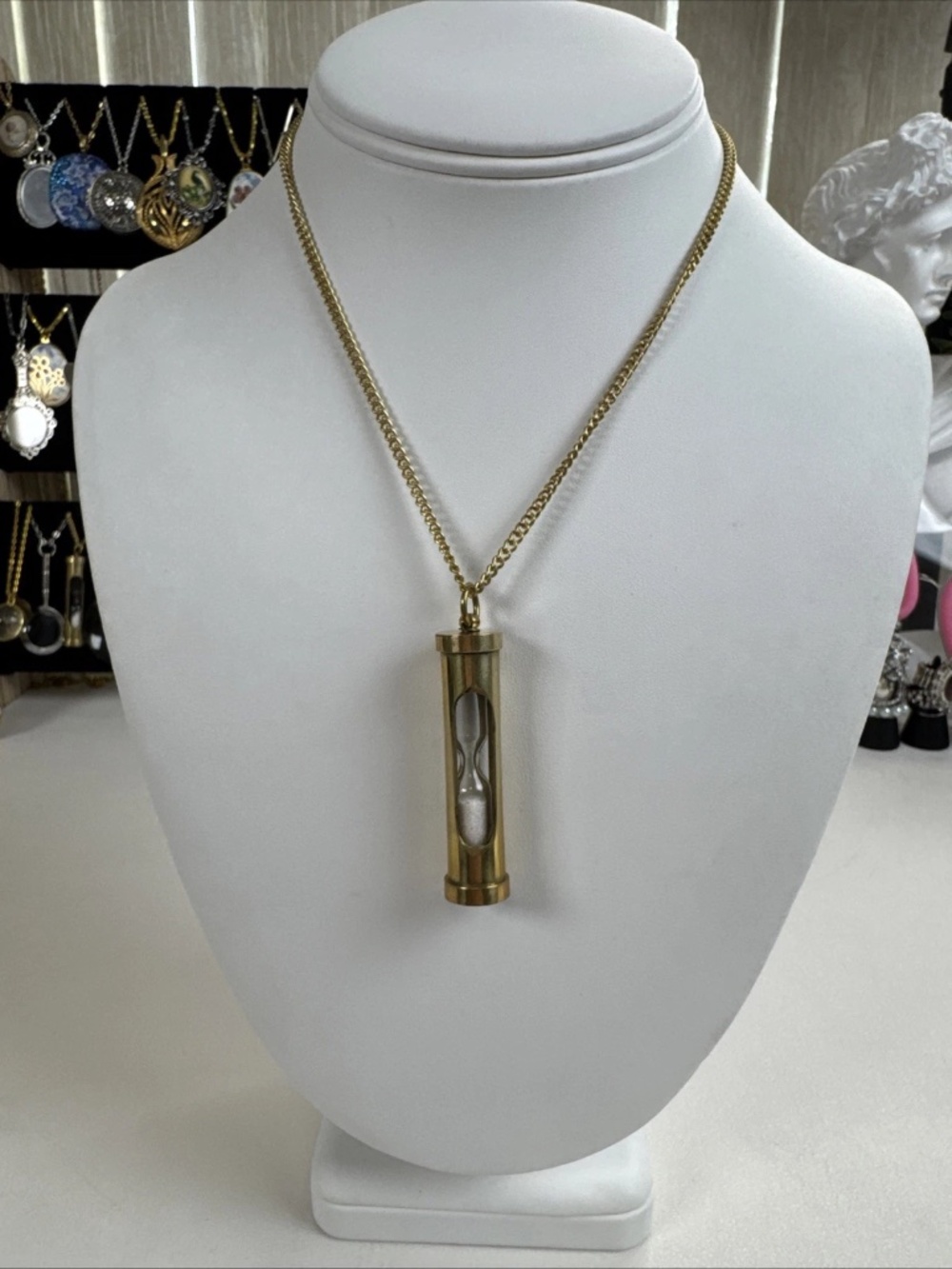 Antique Finish Brass Hourglass Sand Timer, Vintage Style Pendant With Chain